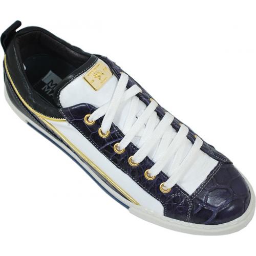 Matteo & Massimo "NN60" Navy Blue / Violet / White With Metallic Gold Pipping Genuine  Alligator / Nappa Leather Sneakers